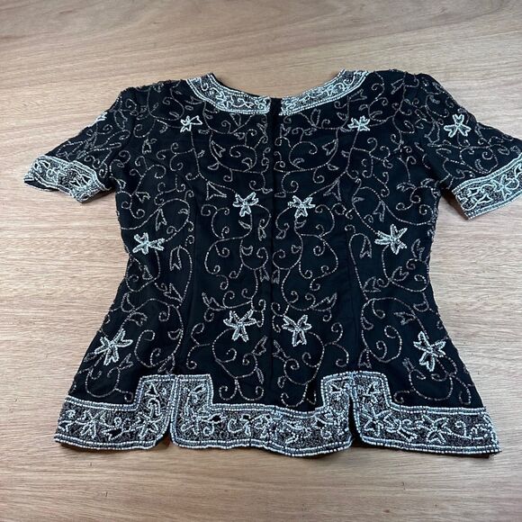 Stenay Silk Beaded Top Black Silver Short Sleeve Formal Evening Blouse M - Picture 2 of 6